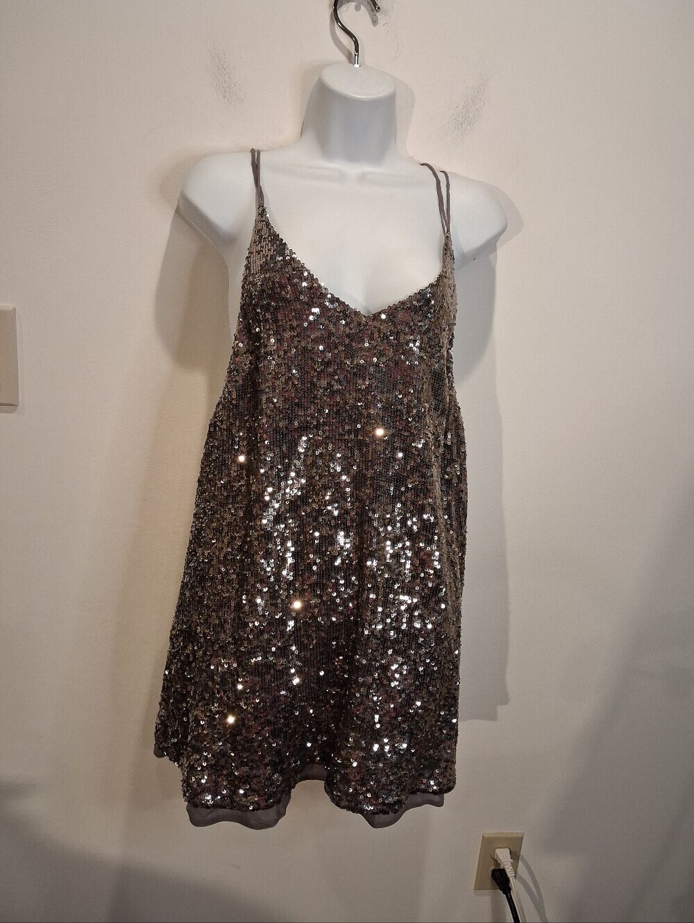 Free People Size Xs Silver Sequins Mini Slip Dress